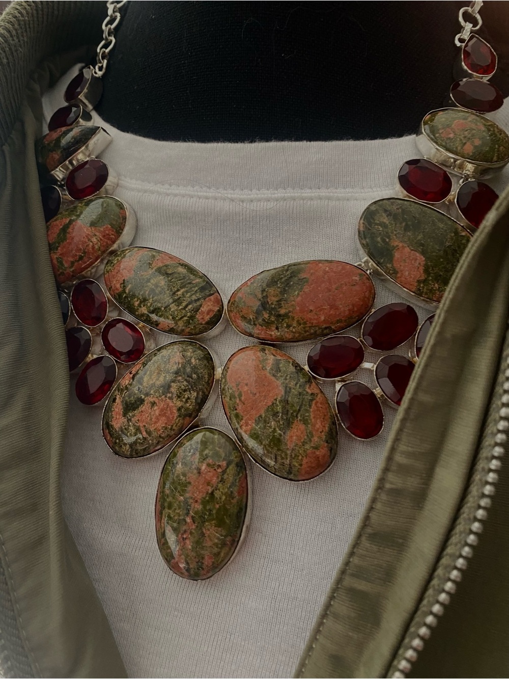 Unakite Jasper Bib Necklace with Faux Garnet Accents
